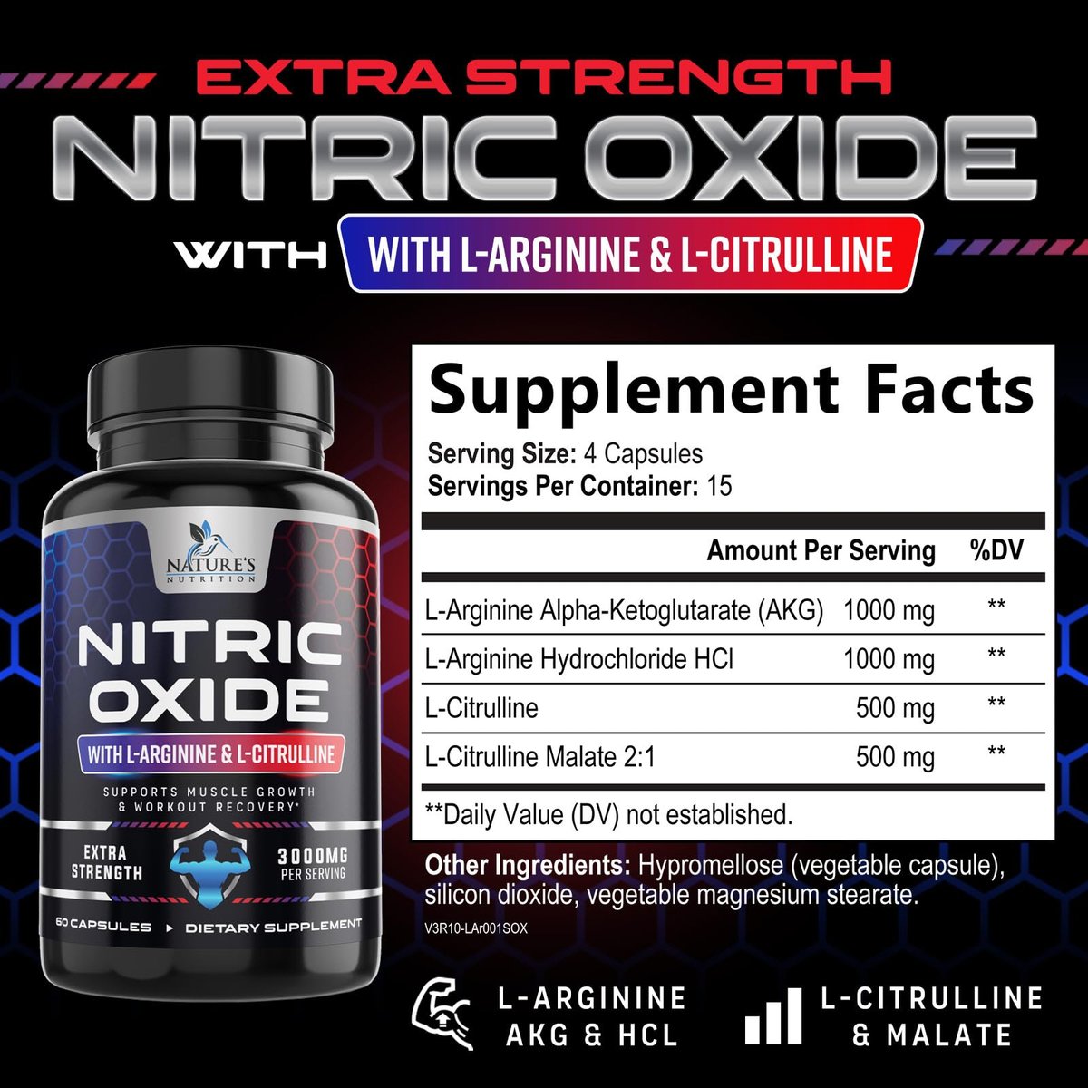 Nitric Oxide Booster Extra Strength – 3-fach Stärke L-Arginin & Citrullin Supplement – Beste Stickstoffmonoxid-Präparate für Männer – Unterstützt Muskeln, Herzgesundheit, Energie – In den USA abgefüllt – 60 Kapseln