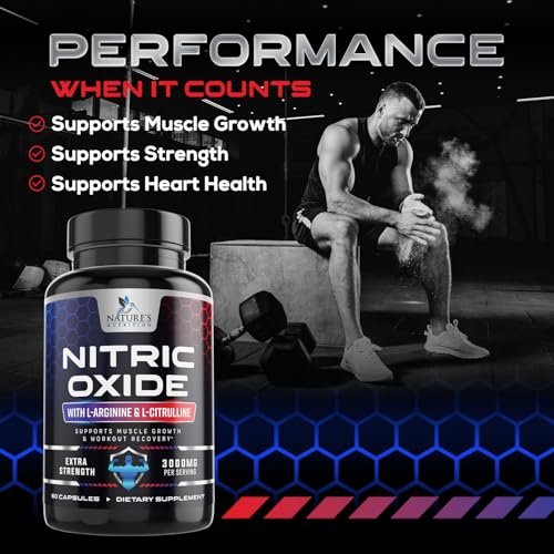 Nitric Oxide Booster Extra Strength – 3-fach Stärke L-Arginin & Citrullin Supplement – Beste Stickstoffmonoxid-Präparate für Männer – Unterstützt Muskeln, Herzgesundheit, Energie – In den USA abgefüllt – 60 Kapseln