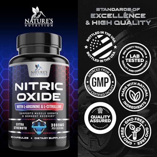 Nitric Oxide Booster Extra Strength – 3-fach Stärke L-Arginin & Citrullin Supplement – Beste Stickstoffmonoxid-Präparate für Männer – Unterstützt Muskeln, Herzgesundheit, Energie – In den USA abgefüllt – 60 Kapseln