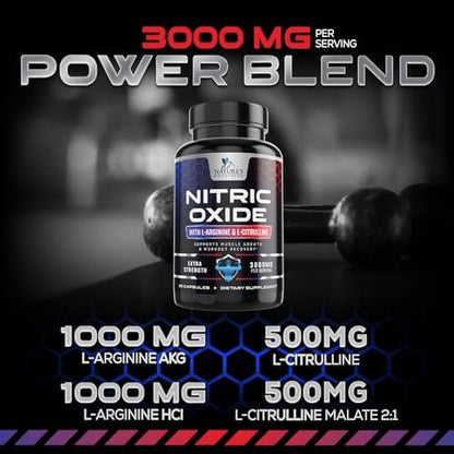 Nitric Oxide Booster Extra Strength – 3-fach Stärke L-Arginin & Citrullin Supplement – Beste Stickstoffmonoxid-Präparate für Männer – Unterstützt Muskeln, Herzgesundheit, Energie – In den USA abgefüllt – 60 Kapseln
