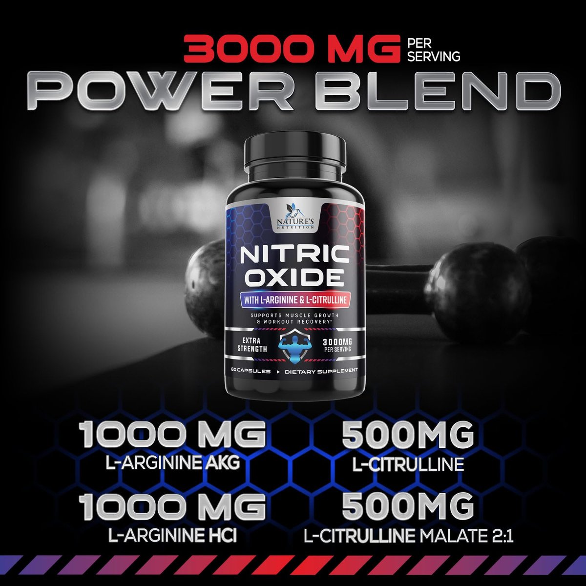 Nitric Oxide Booster Extra Strength – 3-fach Stärke L-Arginin & Citrullin Supplement – Beste Stickstoffmonoxid-Präparate für Männer – Unterstützt Muskeln, Herzgesundheit, Energie – In den USA abgefüllt – 60 Kapseln