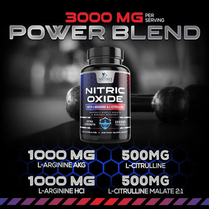 Nitric Oxide Booster Extra Strength – 3-fach Stärke L-Arginin & Citrullin Supplement – Beste Stickstoffmonoxid-Präparate für Männer – Unterstützt Muskeln, Herzgesundheit, Energie – In den USA abgefüllt – 60 Kapseln