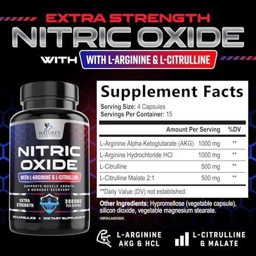 Nitric Oxide Booster Extra Strength – 3-fach Stärke L-Arginin & Citrullin Supplement – Beste Stickstoffmonoxid-Präparate für Männer – Unterstützt Muskeln, Herzgesundheit, Energie – In den USA abgefüllt – 60 Kapseln