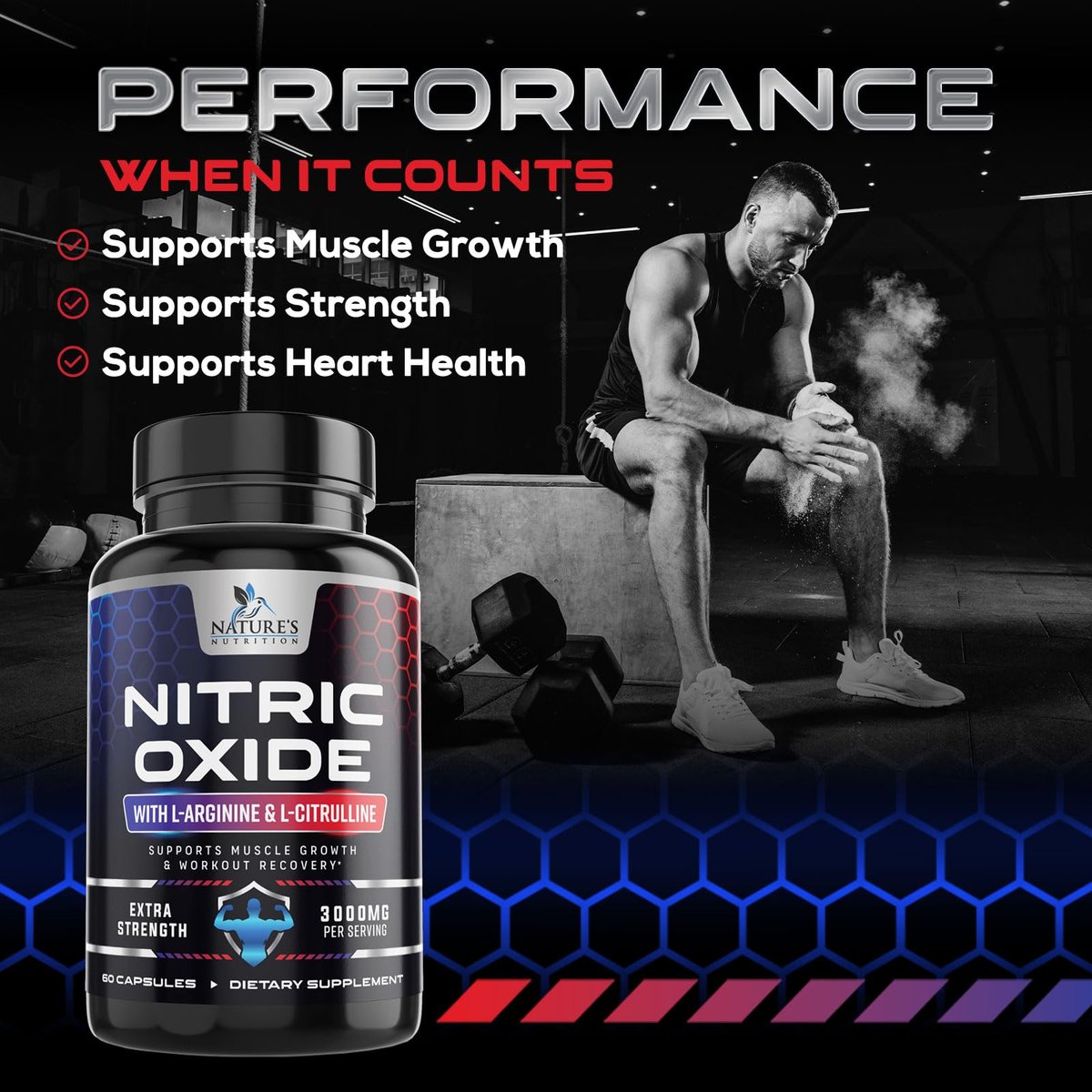 Nitric Oxide Booster Extra Strength – 3-fach Stärke L-Arginin & Citrullin Supplement – Beste Stickstoffmonoxid-Präparate für Männer – Unterstützt Muskeln, Herzgesundheit, Energie – In den USA abgefüllt – 60 Kapseln