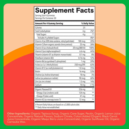 SmartyPants Organic Kinder Multivitamin Gummis: Omega 3 (ALA), Beta-Carotin, Vitamin B12, B6, A, K & Zink zur Unterstützung des Immunsystems, Biotin, vegetarisch, drei Fruchtgeschmacksrichtungen, 120 Stück (30-Tage-Vorrat)