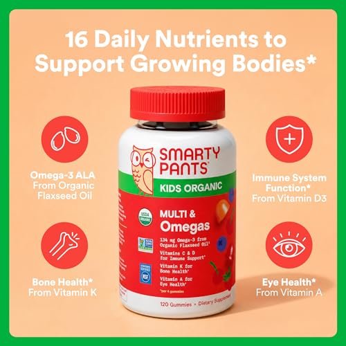 SmartyPants Organic Kinder Multivitamin Gummis: Omega 3 (ALA), Beta-Carotin, Vitamin B12, B6, A, K & Zink zur Unterstützung des Immunsystems, Biotin, vegetarisch, drei Fruchtgeschmacksrichtungen, 120 Stück (30-Tage-Vorrat)