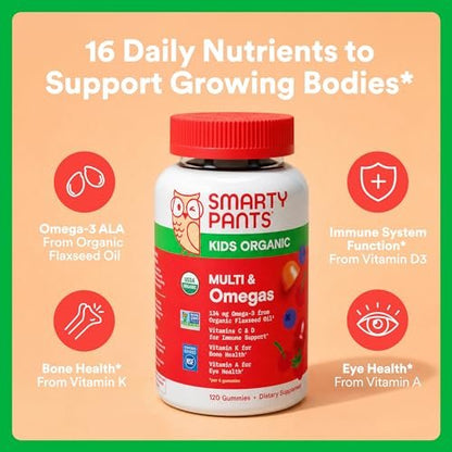 SmartyPants Organic Kinder Multivitamin Gummis: Omega 3 (ALA), Beta-Carotin, Vitamin B12, B6, A, K & Zink zur Unterstützung des Immunsystems, Biotin, vegetarisch, drei Fruchtgeschmacksrichtungen, 120 Stück (30-Tage-Vorrat)