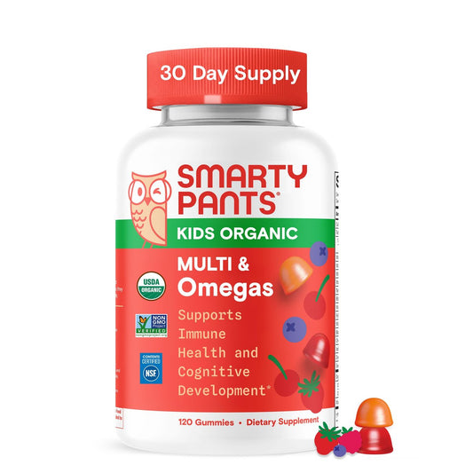 SmartyPants Organic Kinder Multivitamin Gummis: Omega 3 (ALA), Beta-Carotin, Vitamin B12, B6, A, K & Zink zur Unterstützung des Immunsystems, Biotin, vegetarisch, drei Fruchtgeschmacksrichtungen, 120 Stück (30-Tage-Vorrat)