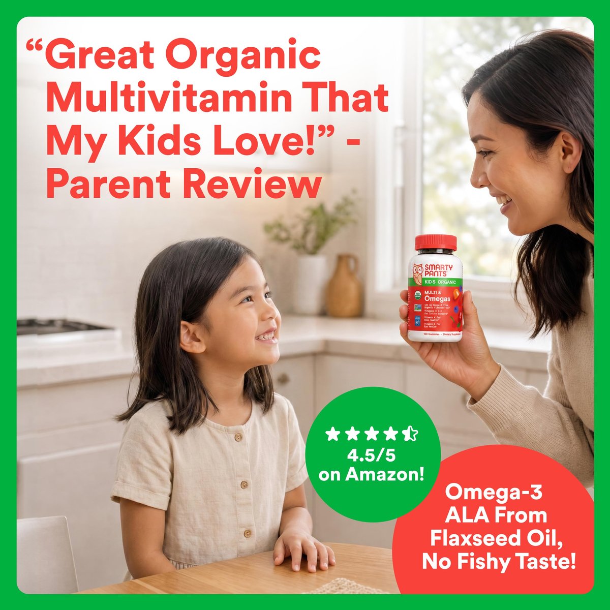 SmartyPants Organic Kinder Multivitamin Gummis: Omega 3 (ALA), Beta-Carotin, Vitamin B12, B6, A, K & Zink zur Unterstützung des Immunsystems, Biotin, vegetarisch, drei Fruchtgeschmacksrichtungen, 120 Stück (30-Tage-Vorrat)