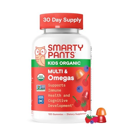 SmartyPants Organic Kinder Multivitamin Gummis: Omega 3 (ALA), Beta-Carotin, Vitamin B12, B6, A, K & Zink zur Unterstützung des Immunsystems, Biotin, vegetarisch, drei Fruchtgeschmacksrichtungen, 120 Stück (30-Tage-Vorrat)