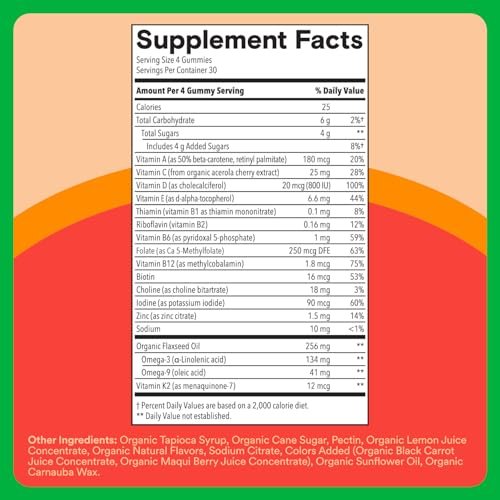 SmartyPants Organic Kinder Multivitamin Gummis: Omega 3 (ALA), Beta-Carotin, Vitamin B12, B6, A, K & Zink zur Unterstützung des Immunsystems, Biotin, vegetarisch, drei Fruchtgeschmacksrichtungen, 120 Stück (30-Tage-Vorrat)