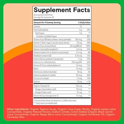 SmartyPants Organic Kinder Multivitamin Gummis: Omega 3 (ALA), Beta-Carotin, Vitamin B12, B6, A, K & Zink zur Unterstützung des Immunsystems, Biotin, vegetarisch, drei Fruchtgeschmacksrichtungen, 120 Stück (30-Tage-Vorrat)