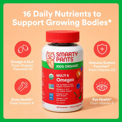 SmartyPants Organic Kinder Multivitamin Gummis: Omega 3 (ALA), Beta-Carotin, Vitamin B12, B6, A, K & Zink zur Unterstützung des Immunsystems, Biotin, vegetarisch, drei Fruchtgeschmacksrichtungen, 120 Stück (30-Tage-Vorrat)