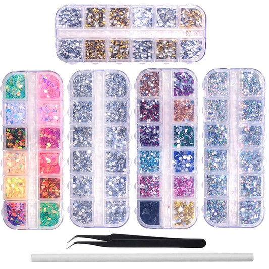 6400-teiliges Nagelkunst-Rhinestones-Set: Acryl-Kristallsteine, Gold-Silber-Nagelstuds, bunte Nagelsequins mit Pinzette und Wachsstift - Professionelles Nagelzubehör