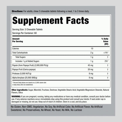 Piping Rock Papaya Verdauungsenzyme Kautabletten | 180 Tabletten | Ultra Nahrungsergänzung für Frauen und Männer | Carica Papaya | Vegetarisch, Nicht-GVO, Glutenfrei