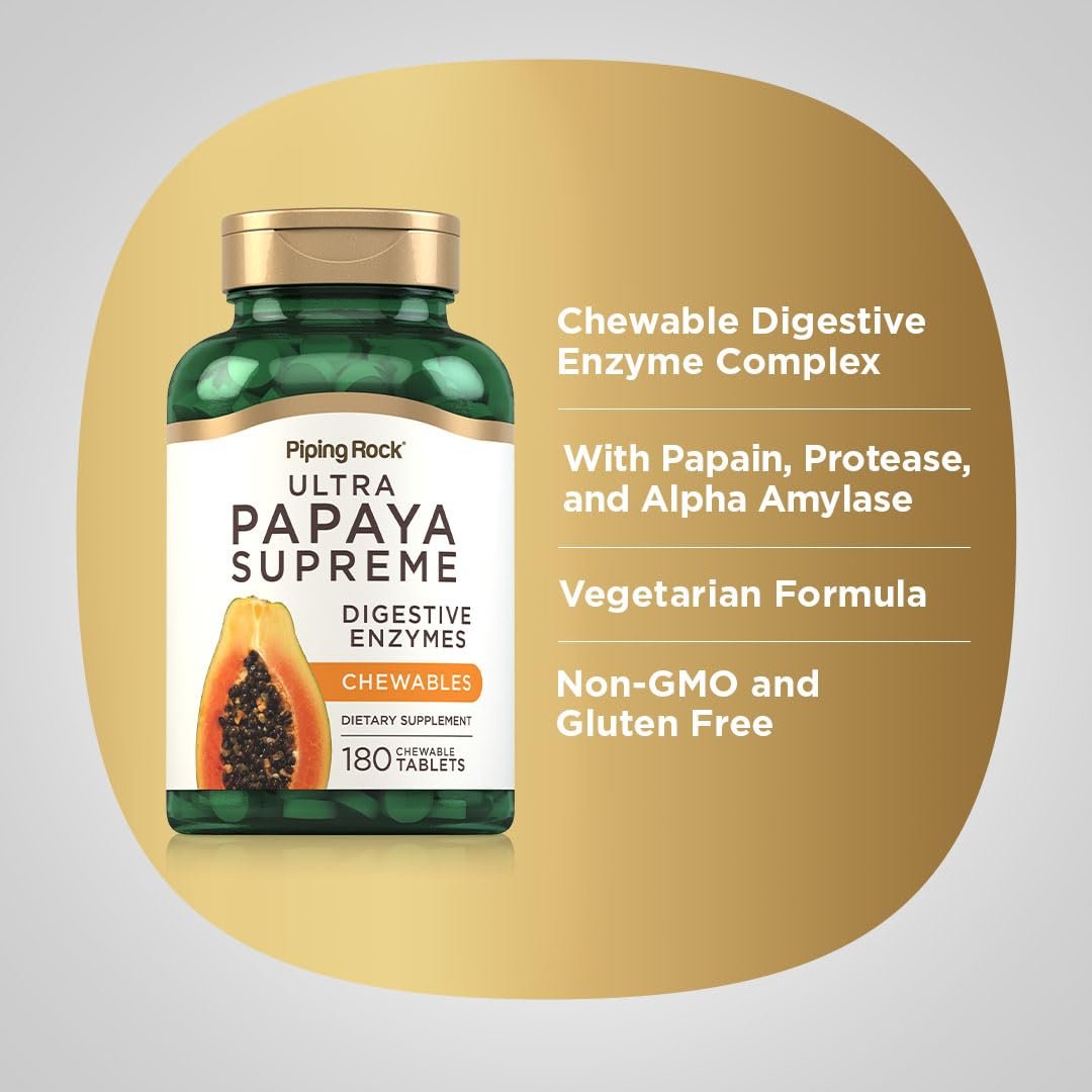 Piping Rock Papaya Verdauungsenzyme Kautabletten | 180 Tabletten | Ultra Nahrungsergänzung für Frauen und Männer | Carica Papaya | Vegetarisch, Nicht-GVO, Glutenfrei