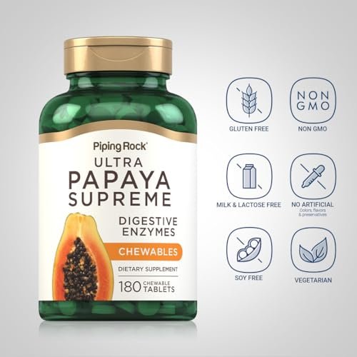 Piping Rock Papaya Verdauungsenzyme Kautabletten | 180 Tabletten | Ultra Nahrungsergänzung für Frauen und Männer | Carica Papaya | Vegetarisch, Nicht-GVO, Glutenfrei