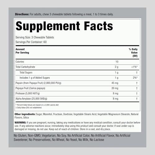 Piping Rock Papaya Verdauungsenzyme Kautabletten | 180 Tabletten | Ultra Nahrungsergänzung für Frauen und Männer | Carica Papaya | Vegetarisch, Nicht-GVO, Glutenfrei