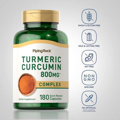 Piping Rock Kurkuma Curcumin Komplex – 180 Kapseln pflanzliches Extrakt | Non-GMO, Glutenfrei