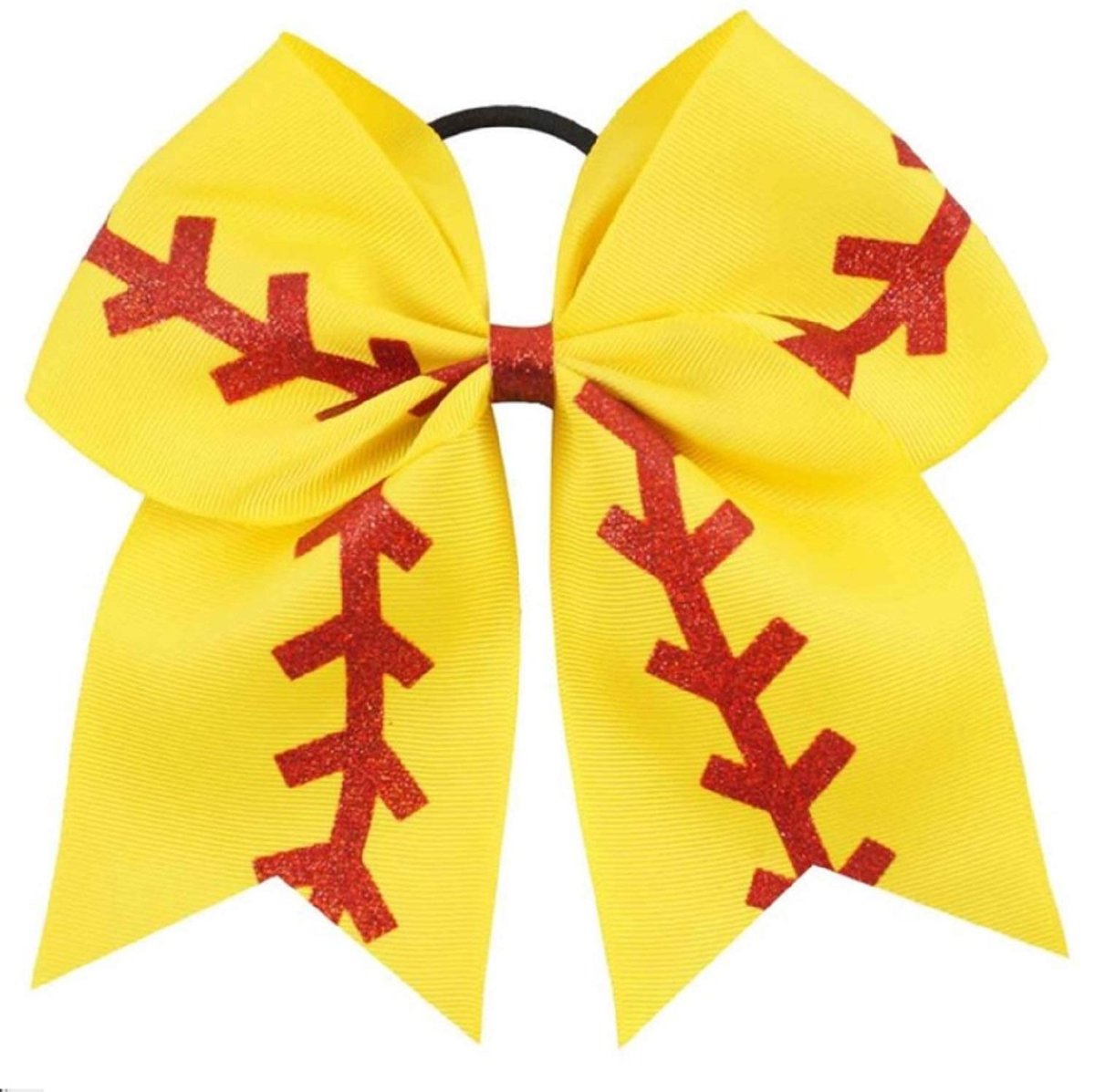 Kenz Laurenz Softball Bow Geschenke – Gelb-Rote Schleife mit Nähten für Mädchen, Haargummi für Cheerleading, DIY Haarschleifen Rohling (Softball Bow 1)
