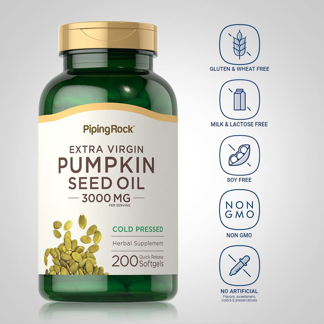 Piping Rock Kürbiskernöl Kapseln | 200 Stück | Kaltgepresstes Nahrungsergänzungsmittel | Extra Virgin mit Omega 6 und 9 | Non-GMO, Glutenfrei