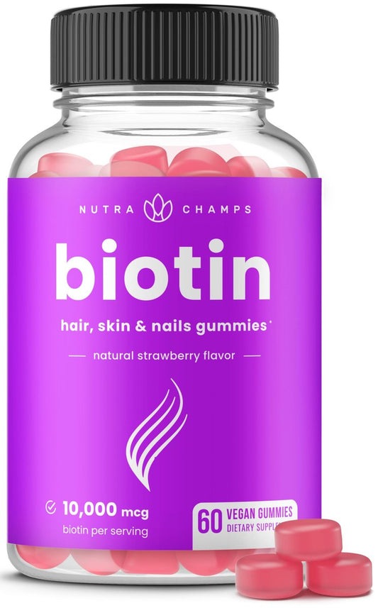 NutraChamps Biotin Gummies 10000mcg – Hochdosierte Biotin-Gummis für gesundes Haar, Haut & Nägel – Vegan, Non-GMO – 60 Stück
