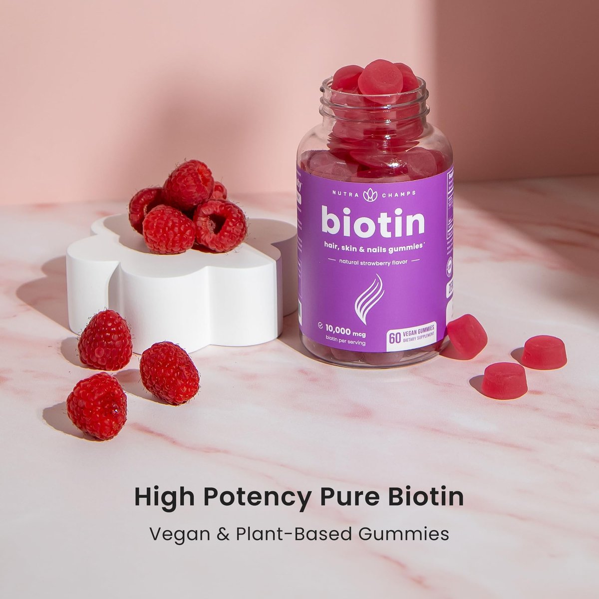 NutraChamps Biotin Gummies 10000mcg – Hochdosierte Biotin-Gummis für gesundes Haar, Haut & Nägel – Vegan, Non-GMO – 60 Stück