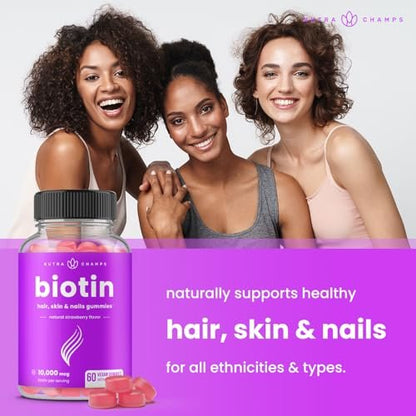 NutraChamps Biotin Gummies 10000mcg – Hochdosierte Biotin-Gummis für gesundes Haar, Haut & Nägel – Vegan, Non-GMO – 60 Stück
