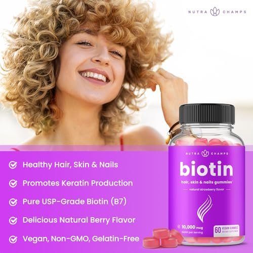 NutraChamps Biotin Gummies 10000mcg – Hochdosierte Biotin-Gummis für gesundes Haar, Haut & Nägel – Vegan, Non-GMO – 60 Stück