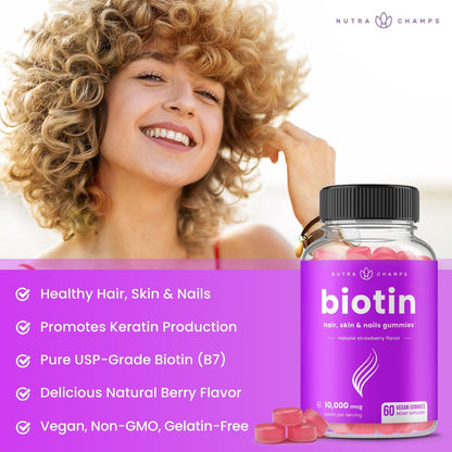 NutraChamps Biotin Gummies 10000mcg – Hochdosierte Biotin-Gummis für gesundes Haar, Haut & Nägel – Vegan, Non-GMO – 60 Stück