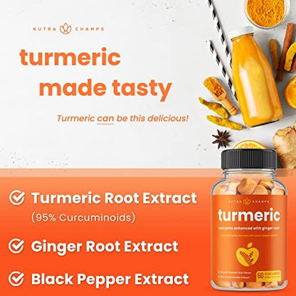 NutraChamps Kurkuma Gummis für Erwachsene & Kinder mit Ingwer & Schwarzem Pfeffer Extrakt, 95% Curcuminoide, vegane natürliche Curcumin Gelenkunterstützung, Tumeric Gummis
