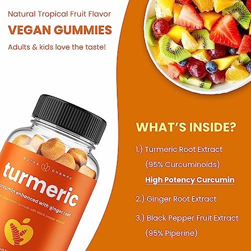 NutraChamps Kurkuma Gummis für Erwachsene & Kinder mit Ingwer & Schwarzem Pfeffer Extrakt, 95% Curcuminoide, vegane natürliche Curcumin Gelenkunterstützung, Tumeric Gummis