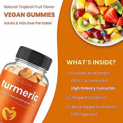 NutraChamps Kurkuma Gummis für Erwachsene & Kinder mit Ingwer & Schwarzem Pfeffer Extrakt, 95% Curcuminoide, vegane natürliche Curcumin Gelenkunterstützung, Tumeric Gummis