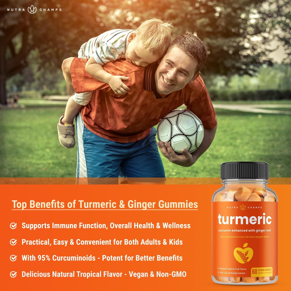 NutraChamps Kurkuma Gummis für Erwachsene & Kinder mit Ingwer & Schwarzem Pfeffer Extrakt, 95% Curcuminoide, vegane natürliche Curcumin Gelenkunterstützung, Tumeric Gummis