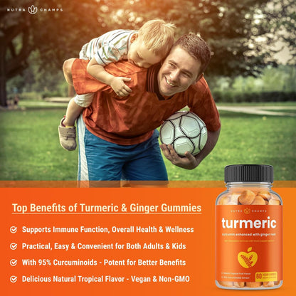 NutraChamps Kurkuma Gummis für Erwachsene & Kinder mit Ingwer & Schwarzem Pfeffer Extrakt, 95% Curcuminoide, vegane natürliche Curcumin Gelenkunterstützung, Tumeric Gummis