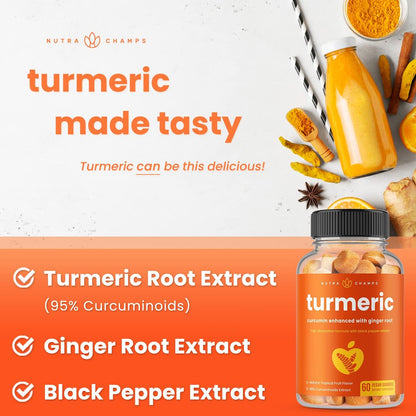 NutraChamps Kurkuma Gummis für Erwachsene & Kinder mit Ingwer & Schwarzem Pfeffer Extrakt, 95% Curcuminoide, vegane natürliche Curcumin Gelenkunterstützung, Tumeric Gummis