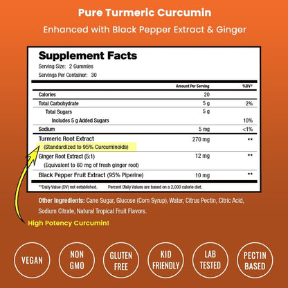 NutraChamps Kurkuma Gummis für Erwachsene & Kinder mit Ingwer & Schwarzem Pfeffer Extrakt, 95% Curcuminoide, vegane natürliche Curcumin Gelenkunterstützung, Tumeric Gummis
