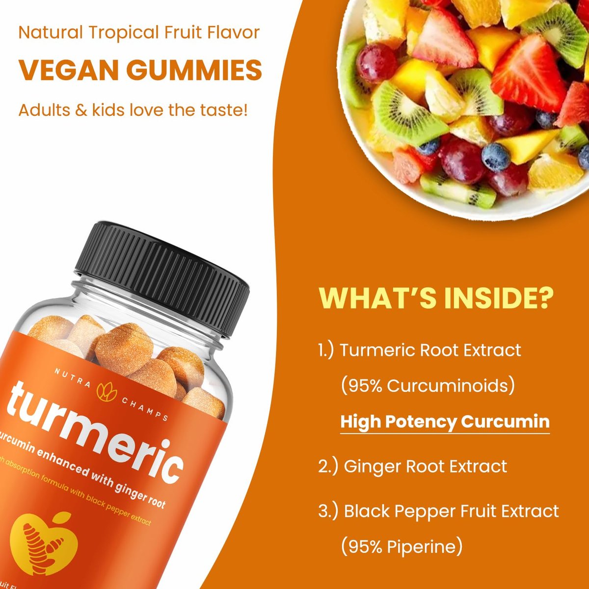 NutraChamps Kurkuma Gummis für Erwachsene & Kinder mit Ingwer & Schwarzem Pfeffer Extrakt, 95% Curcuminoide, vegane natürliche Curcumin Gelenkunterstützung, Tumeric Gummis