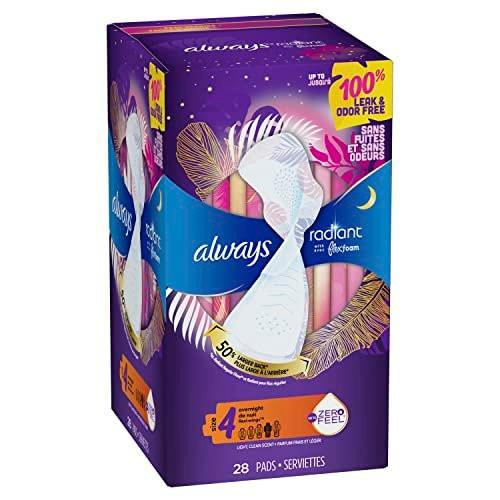 Always Radiant Damenbinden mit Flügeln, FlexFoam, Größe 4, Übernacht-Saugstärke, leicht parfümiert, 28 Stück