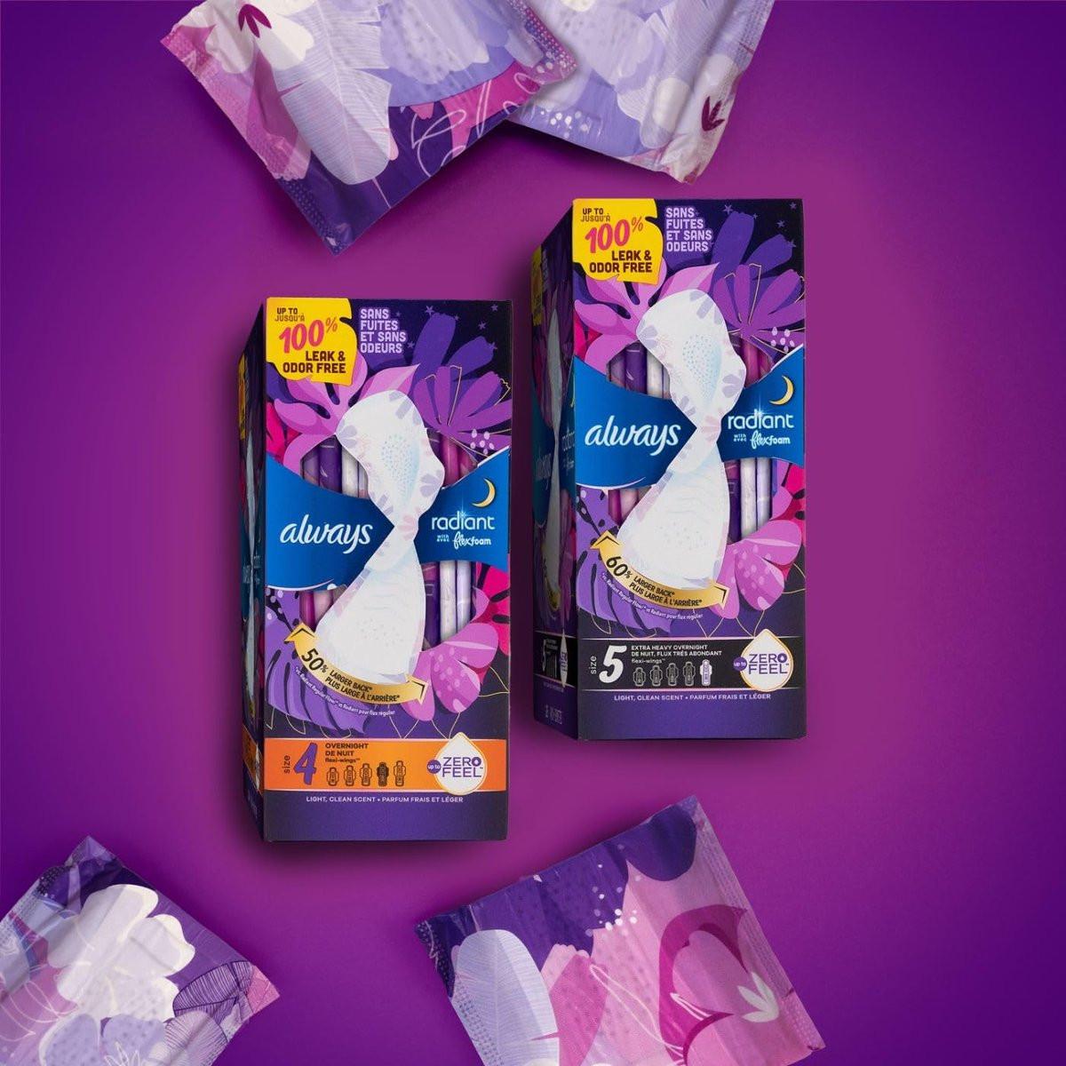 Always Radiant Damenbinden mit Flügeln, FlexFoam, Größe 4, Übernacht-Saugstärke, leicht parfümiert, 28 Stück