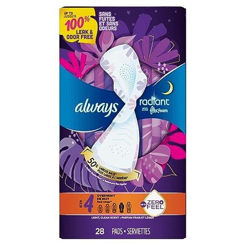 Always Radiant Damenbinden mit Flügeln, FlexFoam, Größe 4, Übernacht-Saugstärke, leicht parfümiert, 28 Stück