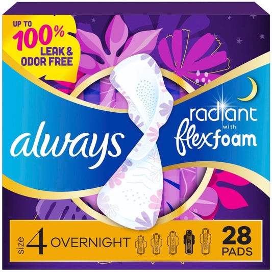Always Radiant Damenbinden mit Flügeln, FlexFoam, Größe 4, Übernacht-Saugstärke, leicht parfümiert, 28 Stück
