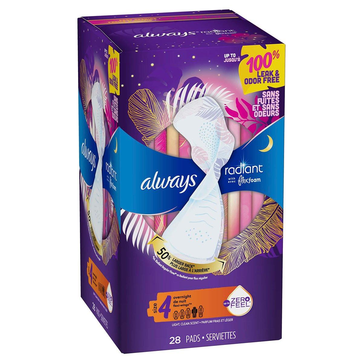 Always Radiant Damenbinden mit Flügeln, FlexFoam, Größe 4, Übernacht-Saugstärke, leicht parfümiert, 28 Stück
