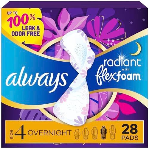 Always Radiant Damenbinden mit Flügeln, FlexFoam, Größe 4, Übernacht-Saugstärke, leicht parfümiert, 28 Stück