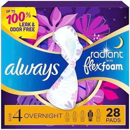 Always Radiant Damenbinden mit Flügeln, FlexFoam, Größe 4, Übernacht-Saugstärke, leicht parfümiert, 28 Stück