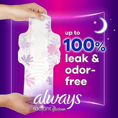 Always Radiant Damenbinden mit Flügeln, FlexFoam, Größe 4, Übernacht-Saugstärke, leicht parfümiert, 28 Stück