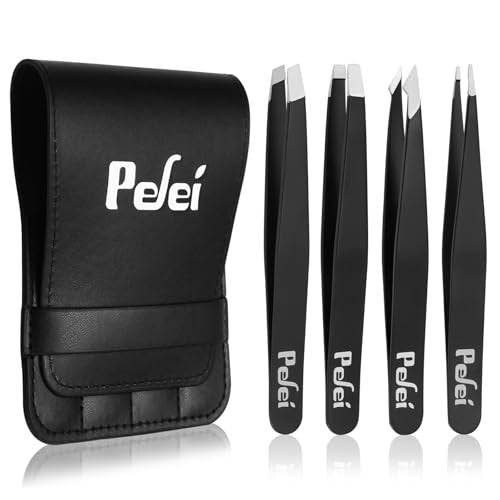 Pefei Pinzetten Set – Professionelle Edelstahl Pinzetten für Augenbrauen – Hohe Präzision für Gesichtshaare, Splitter und eingewachsene Haare (Schwarz, 4-teilig)