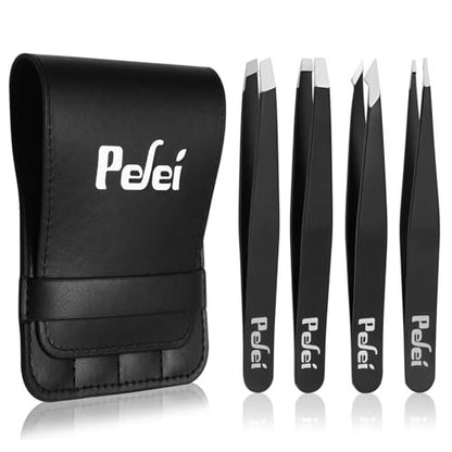 Pefei Pinzetten Set – Professionelle Edelstahl Pinzetten für Augenbrauen – Hohe Präzision für Gesichtshaare, Splitter und eingewachsene Haare (Schwarz, 4-teilig)