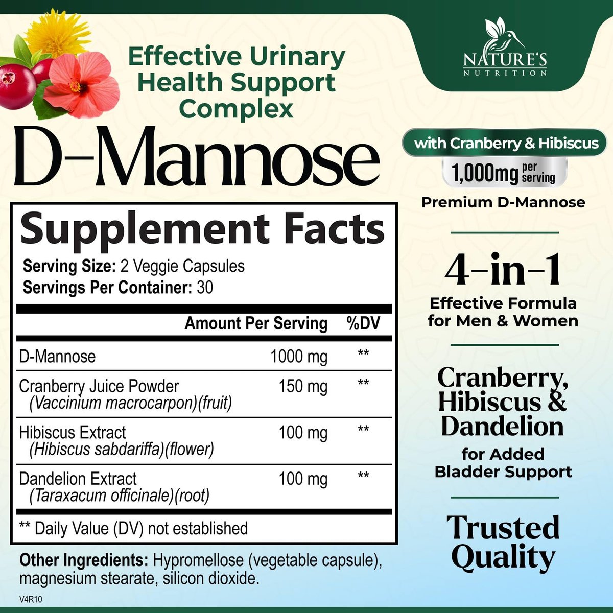 D-Mannose 1000mg pro Portion – Cranberry & Hibiscus – Effektiv schnell wirkend, Spülen Sie die Unreinheiten aus – Unterstützung für Blasen- und Harnwegsgesundheit – für Frauen und Männer – in den USA abgefüllt – 60 Kapseln