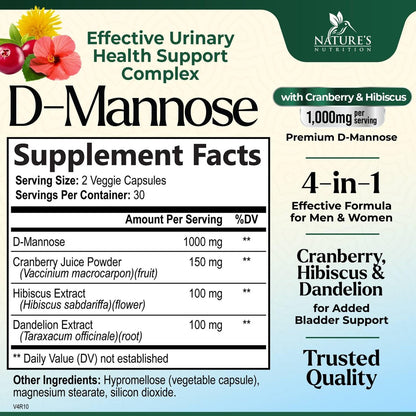 D-Mannose 1000mg pro Portion – Cranberry & Hibiscus – Effektiv schnell wirkend, Spülen Sie die Unreinheiten aus – Unterstützung für Blasen- und Harnwegsgesundheit – für Frauen und Männer – in den USA abgefüllt – 60 Kapseln